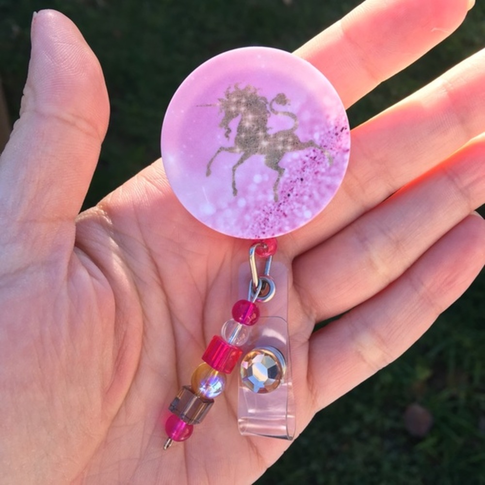 Gold pink Unicorn  Nurse Retractable Badge Holder